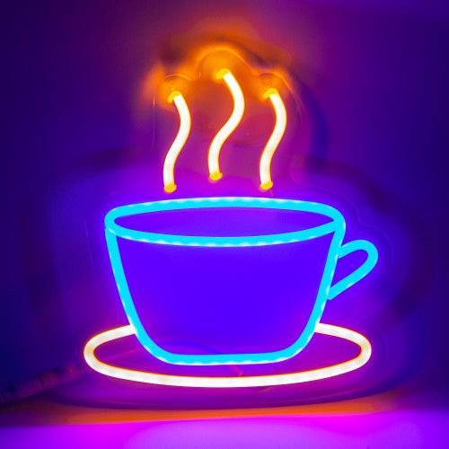 Неонова LED вивіска Філіжанка кави синьо-жовта с туркой 500х470 фото