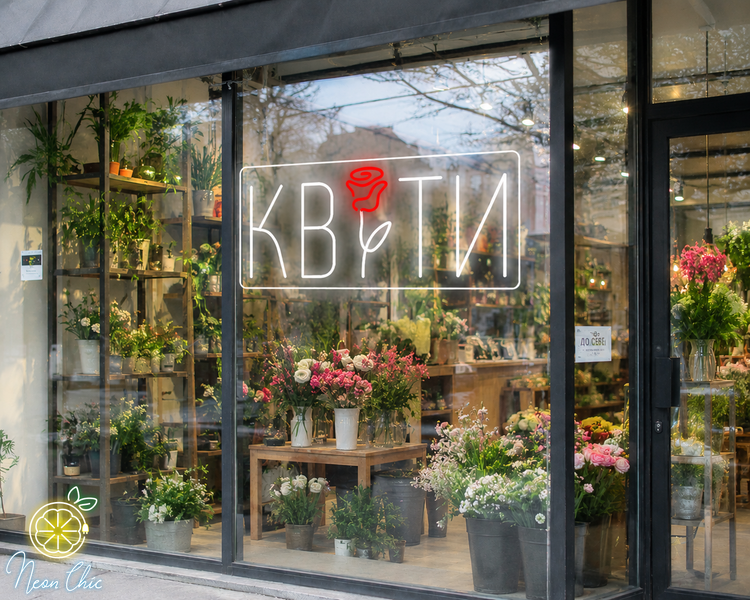 Неонова LED вивіска Квіти+Троянда 70х32см квіт.маг фото