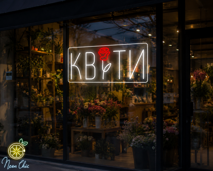 Неонова LED вивіска Квіти+Троянда 70х32см квіт.маг фото