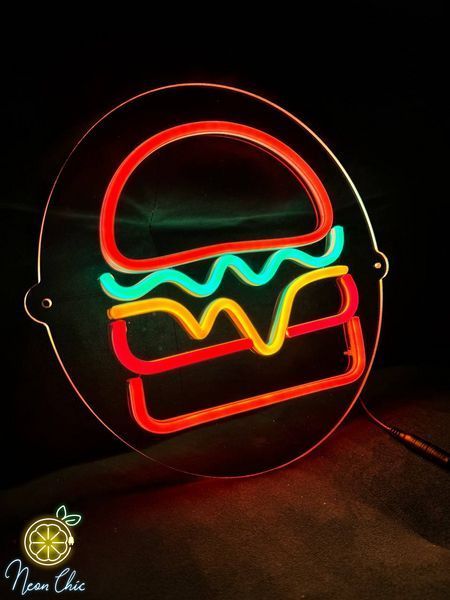 Неоновая Led вывеска Бургер 30см фаст-фуд фото